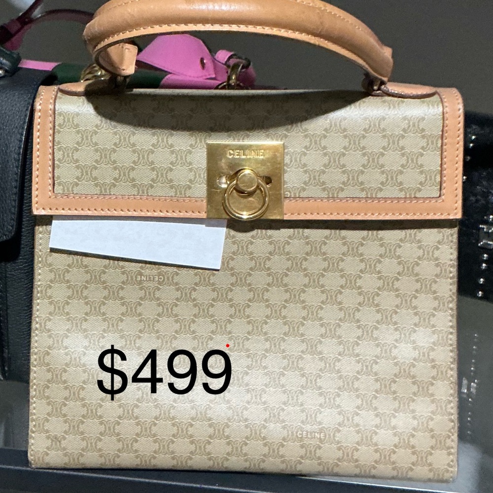 Celine Beige Triomphe Monogram Crossbody with Tan Trim